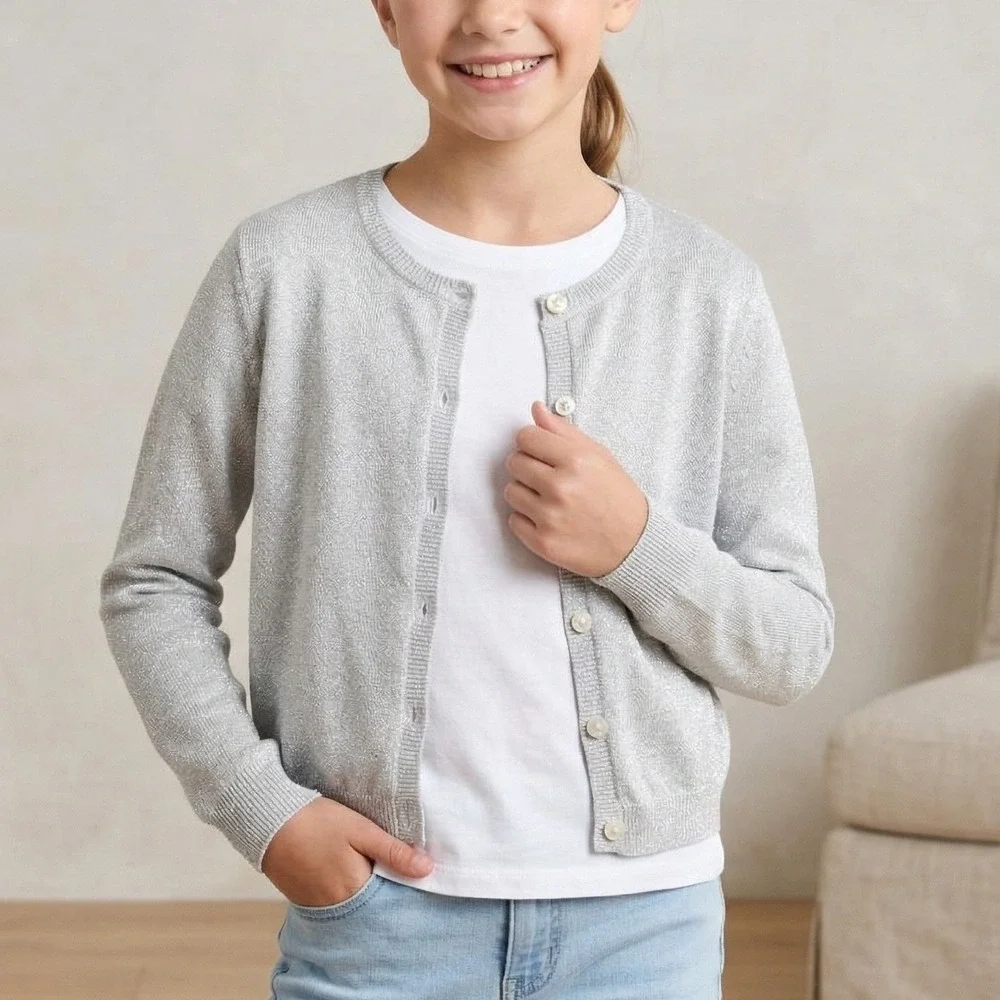 The Childrens Place Girls Silver Metallic Shimmer Button Front Cardigan Sz 10/12